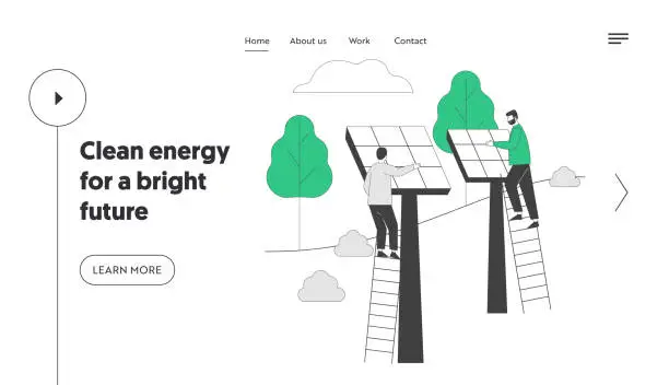 Vector illustration of Renewable Green Energy Website Landing Page. Men Stand on Ladder Set Up Solar Panels for Using Power of Sun for Clean Electricity Development Web Page Banner. Cartoon Flat Vector Illustration Line Art