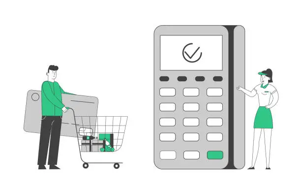 Vector illustration of Man Buyer Holding Huge Credit Card Pushing Trolley with Food and Grocery Purchases to Cashier Desk with Saleswoman Prepare Pos Terminal for Cashless Payment Cartoon Flat Vector Illustration, Line Art