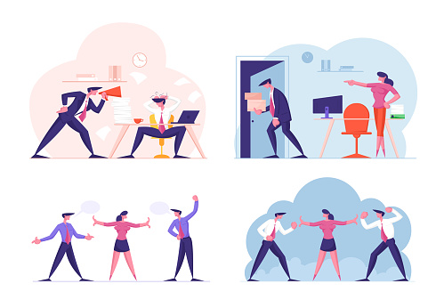 istock Set of Businesspeople Working Failures and Frustration. Boss Crying on Worker to Megaphone, Employee Get Fired from Job, Colleagues Quarrel and Prepare to Fighting. Cartoon Flat Vector Illustration 1197667750