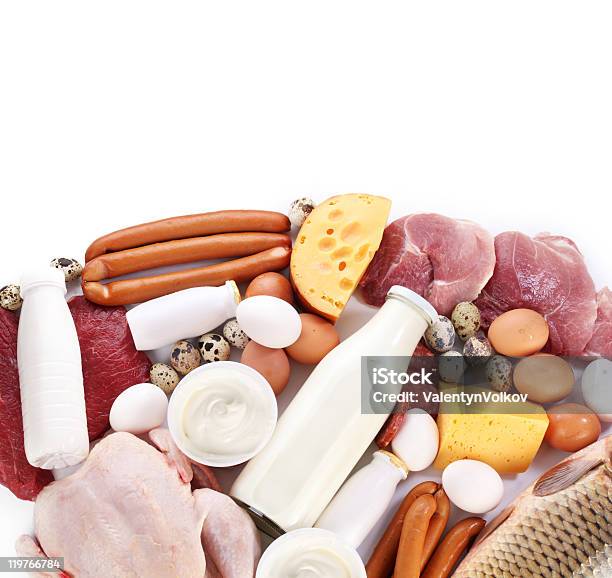 Fresh Meat And Dairy Products Stock Photo - Download Image Now - Milk, Meat, Egg - Food