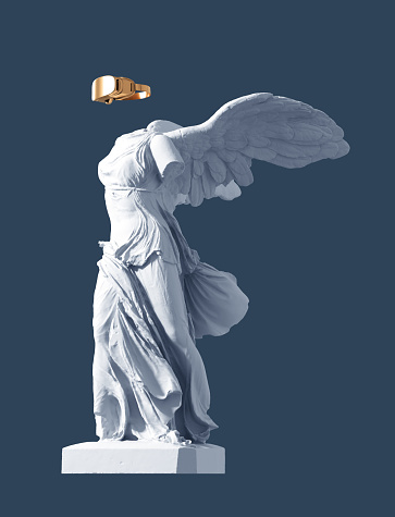 3D Model Of Winged Victory And Golden VR Glasses On Blue Background. Concept Of Art And Virtual Reality. 3D Illustration.