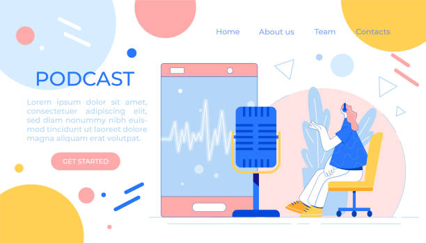 istock Woman recording podcast. Studio microphone vector. Home entertainment. 1197669282