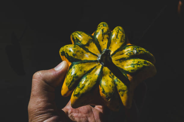 istock Small star shaped orange pumpkin in man hands 1197670155