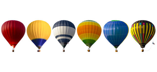grupa globo aerostático sobre fondo blanco - hot air balloon fotos fotografías e imágenes de stock