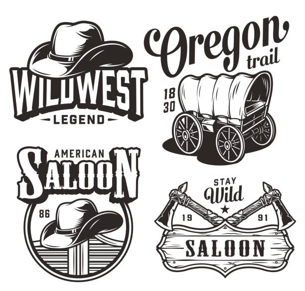ilustrações, clipart, desenhos animados e ícones de emblemas ocidentais selvagens do vintage ajustados - saloon