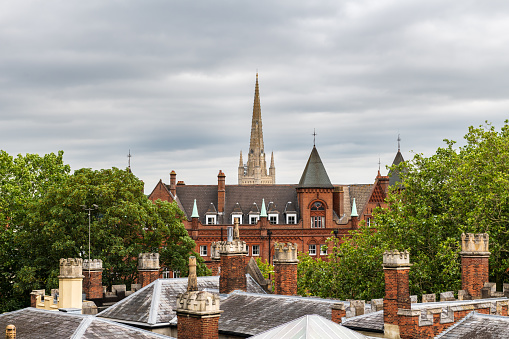 Rooftops of traditional brick houses in Norwich, with the spire of the cathedral emerging in the background.