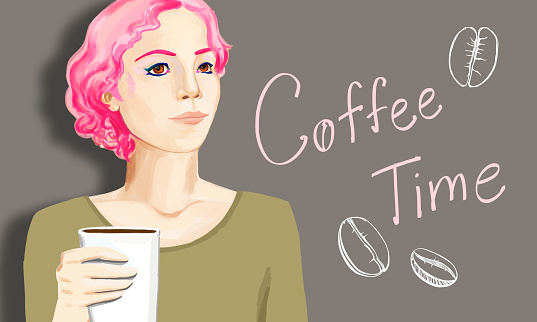Drawn portrait of attractive european woman with coffee cup. Art and morning beverage ad concept. 3D Rendering