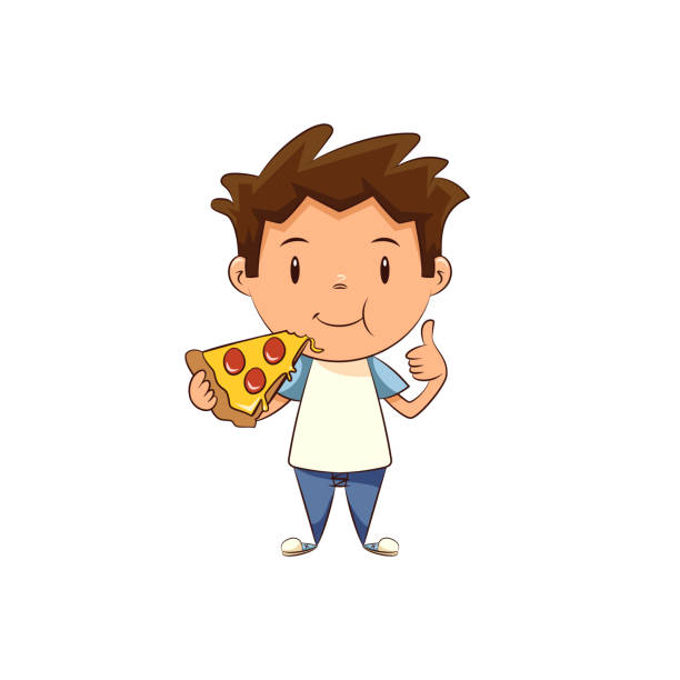 stockillustraties, clipart, cartoons en iconen met kind eten pizza tonen duim omhoog - jongen peuter eten