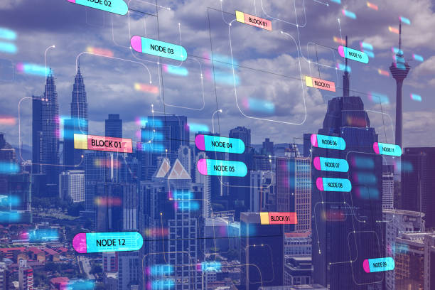 istock Global technology concept with digital node tree screen and megapolis city. 1197675957