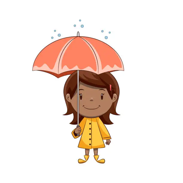 Vector illustration of Little girl holding umbrella, happy cute child