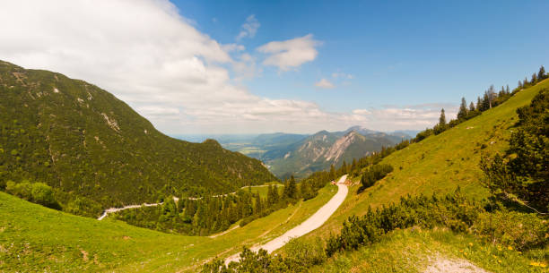 Panoramic view of hiking trails at mount Herzogstand at the Bavarian alps Panoramic view of hiking trails at mount Herzogstand at the Bavarian alps, Germany. Unrecognizable people in the middle of the image. country road sky field cloudscape stock pictures, royalty-free photos & images