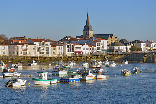 Port of Saint-Gilles-Croix-de-Vie, with Saint Gilles church in the background, commune in the Vendée department in the Pays de la Loire region in western France