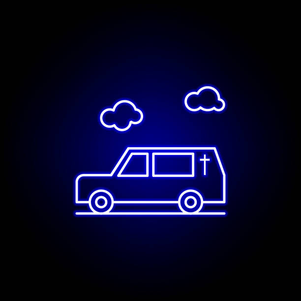 hearse, death, car outline blue neon icon. detailed set of death illustrations icons. can be used for web, logo, mobile app, UI, UX hearse, death, car outline blue neon icon. detailed set of death illustrations icons. can be used for web, logo, mobile app, UI, UX on black background funeral procession stock illustrations