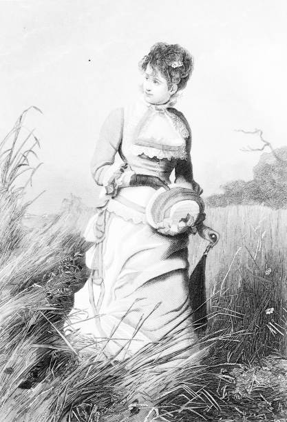 ilustrações, clipart, desenhos animados e ícones de senhora nostálgica preto e branco no campo no vestido do vintage 1884 - 1884