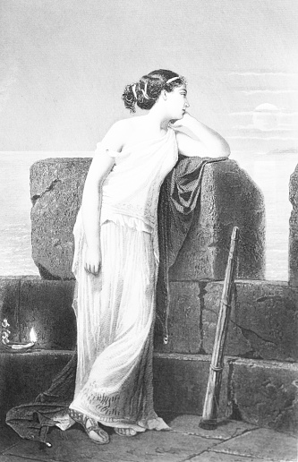 Golden Gift ENGRAVINGS 
black and white nostalgic illustration of a young woman in long Grecian style clothing and hair, against stone wall or turret with a telescope beside her, looking out to see from a castle turret, 1884