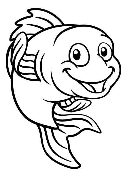 Goldfish or Gold Fish Cartoon Character A friendly cartoon goldfish or gold fish character fish clip art black and white stock illustrations