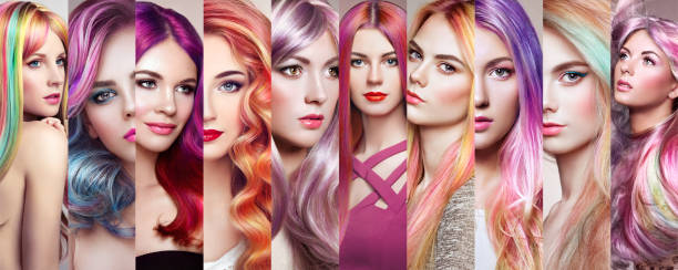 schönheit mode collage mädchen mit bunten gefärbten haaren - dramatic make up stock-fotos und bilder