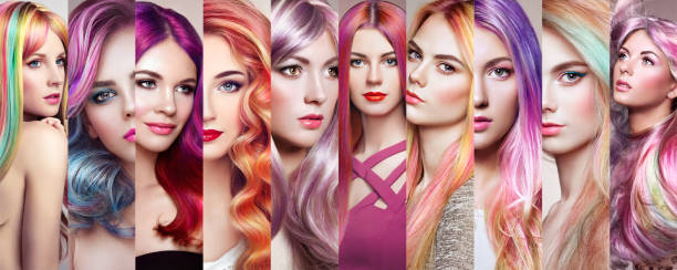 Beauty fashion collage girls with colorful dyed hair Beauty fashion collage girls with colorful dyed hair. Faces of women. Girl with perfect makeup and pink hairstyles hair colour stock pictures, royalty-free photos & images