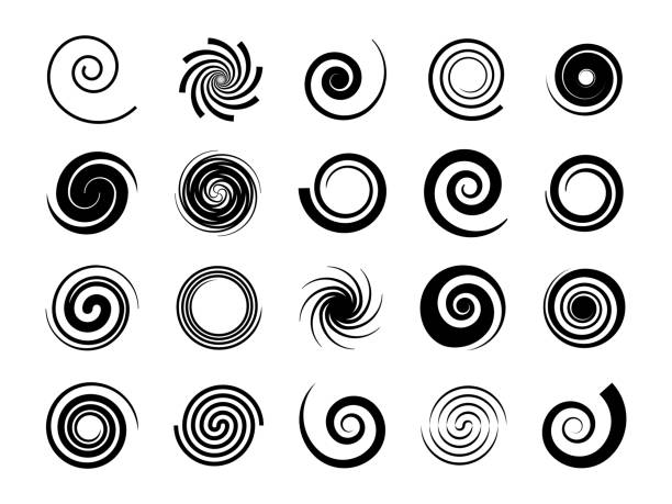 Spirals. Twisted swirl, circle twirl and circular wave elements, psychedelic hypnosis symbols, black geometric digital drawing, vector set Spirals. Twisted swirl, circle twirl and circular wave elements, psychedelic hypnosis symbols, black geometric digital drawing, vector graphic swirling shape set hypnosis circle stock illustrations
