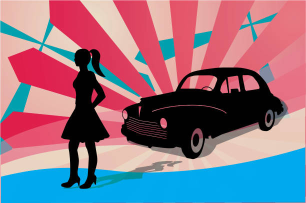 girl oldtimer car retro silhouette shadow outline vector 50s rock roll music vehicle past oldie rockabilly 60s style dresses stock illustrations
