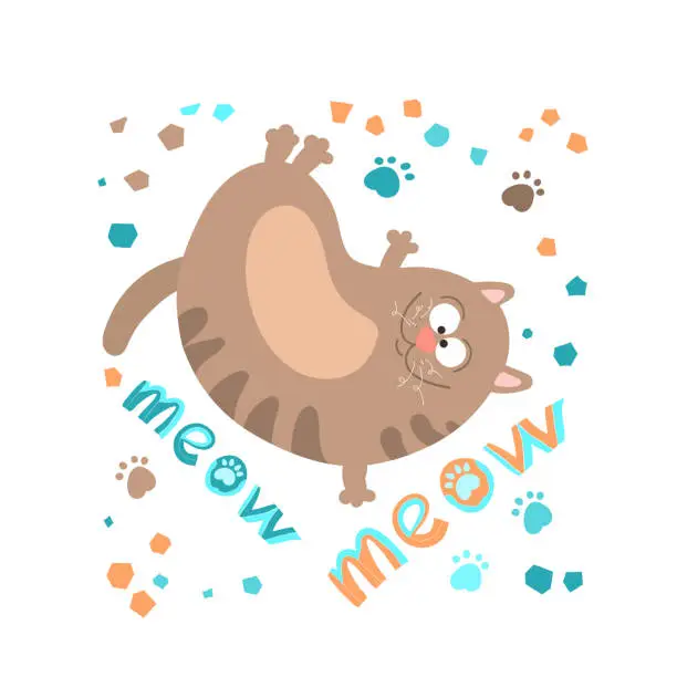 Vector illustration of Cute funny cat  ,handwritten lettering meow, in cartoon style,children's textiles.