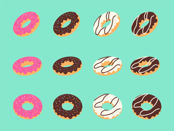 핑크 유약, 초콜릿, 바닐라 아이소메트릭컬렉션 도넛 - cupcake sugar isolated on white white background stock illustrations