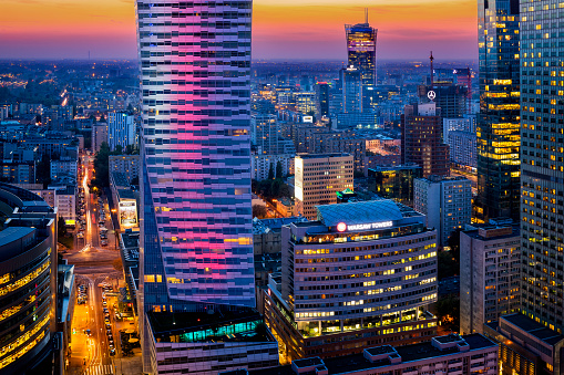 Aerial view of center of Warsaw in the evening, Poland