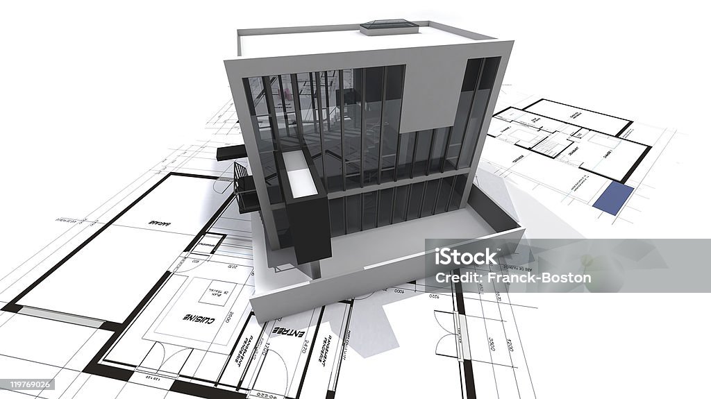 Modern loft on blueprints  Architectural Model Stock Photo