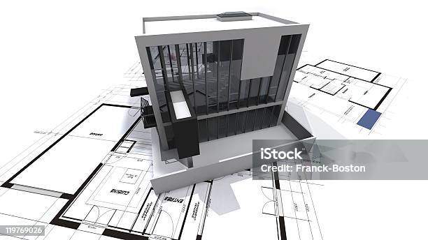 Modern Loft On Blueprints Stock Photo - Download Image Now - Architectural Model, Three Dimensional, House