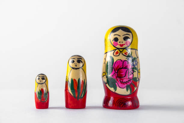 istock Three matryoshkas in a row lined up for growth on a light isolated background 1197691154