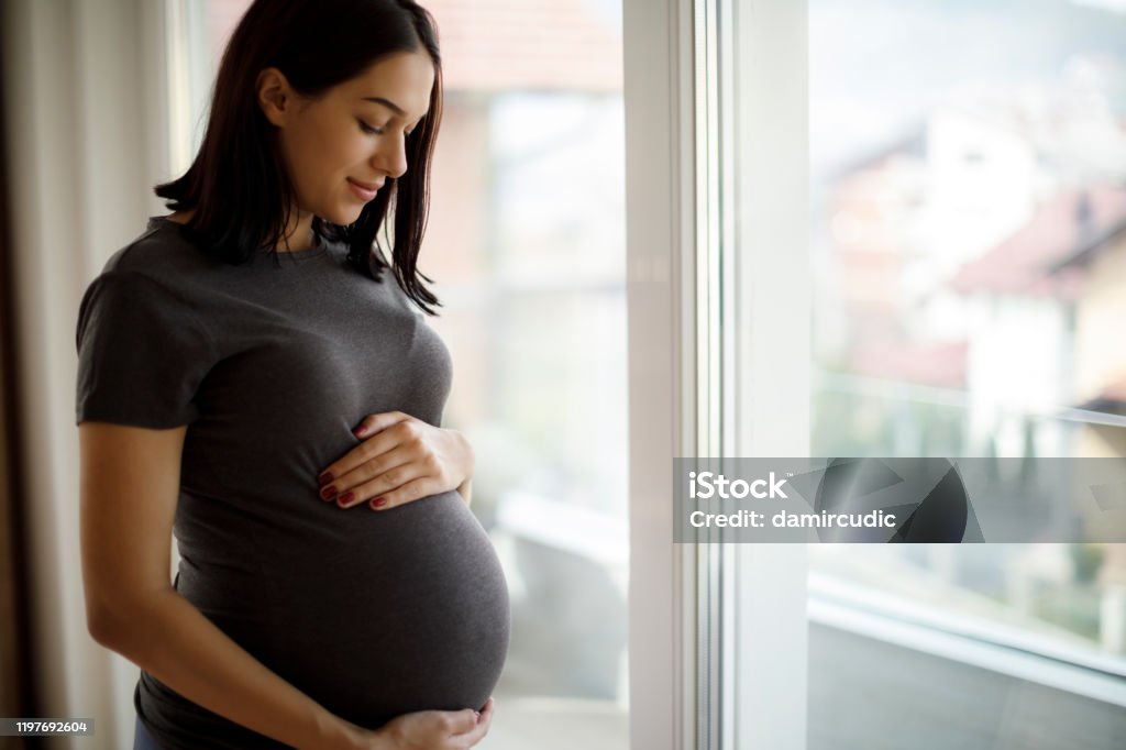 Portrait of young happy pregnant woman standing by the window Pregnant Stock Photo