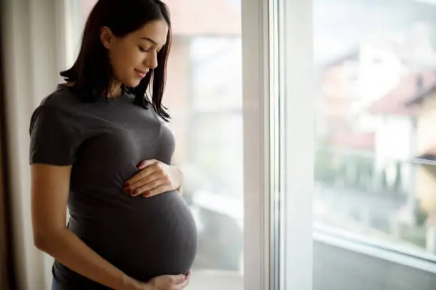 Photo of Portrait of young happy pregnant woman standing by the window