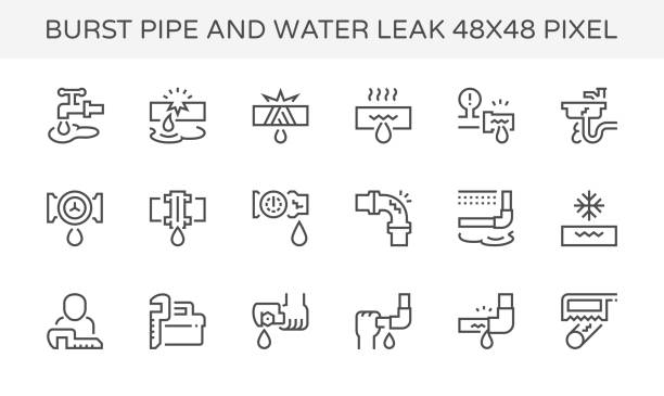 ilustraciones, imágenes clip art, dibujos animados e iconos de stock de icono de fuga de agua - pressure gauge gauge physical pressure pipeline