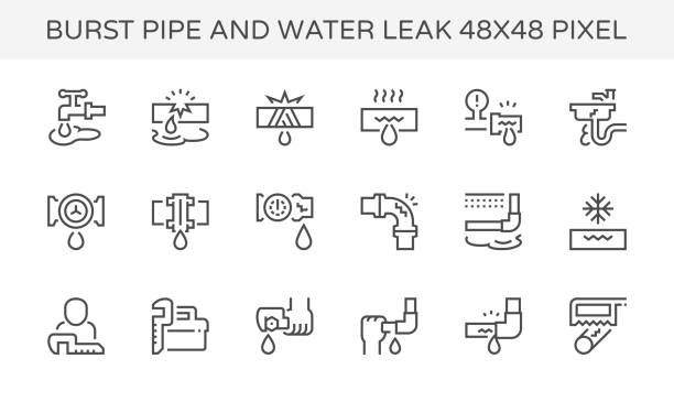 water leak icon Burst pipe and water leak vector icon set design, 48X48 pixel perfect and editable stroke. plumber pipe stock illustrations