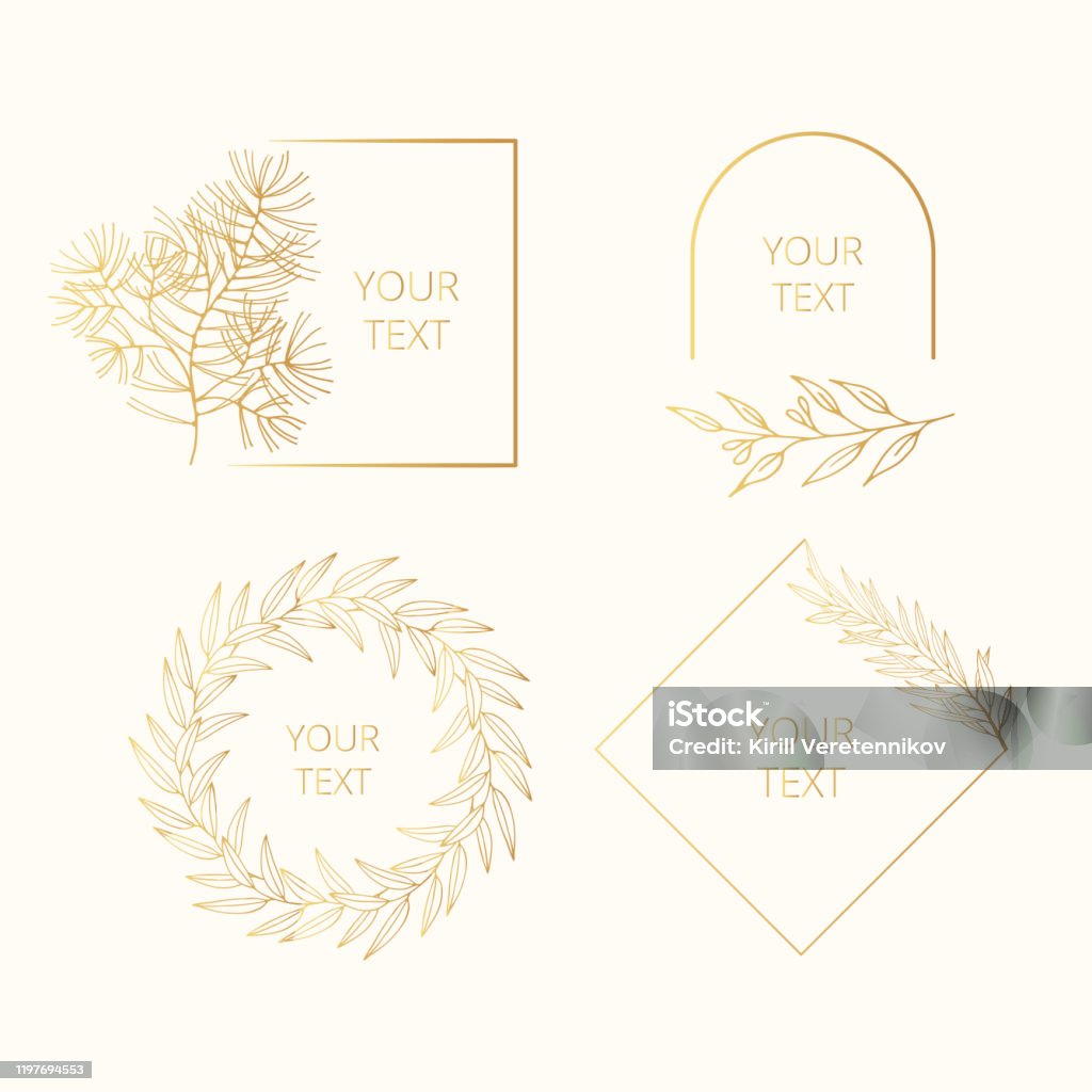 Collection of hand drawn floral and golden pine branches for Christmas decoration. Gold wreaths, frames and borders for wedding design templates. Vector isolated olive leaf monograms. Border - Frame stock vector