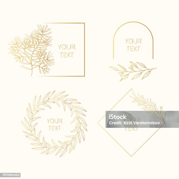 Collection Of Hand Drawn Floral And Golden Pine Branches For Christmas Decoration Gold Wreaths Frames And Borders For Wedding Design Templates Vector Isolated Olive Leaf Monograms Stock Illustration - Download Image Now