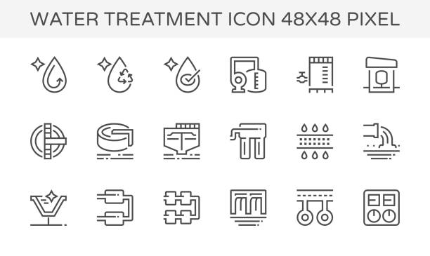 water treatment icon Water treatment plant and water filtration vector icon set, 48x48 pixel perfect and editable stroke. sewage stock illustrations
