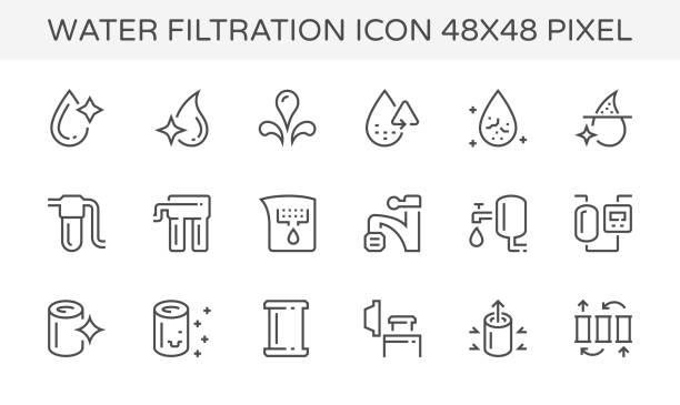 water filtration icon Water filtration and equipment icon set, 48x48 pixel perfect and editable stroke. water filter stock illustrations