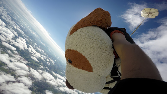 Skydiving tandem with a Teddy Bear