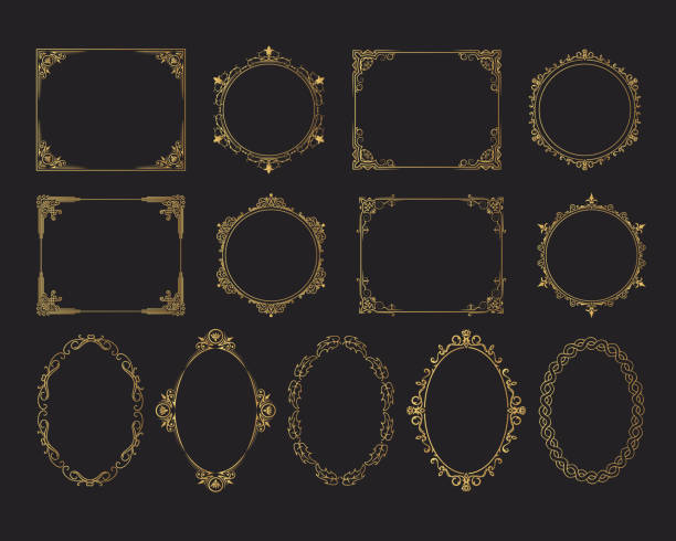 ручная нарисованная золотистый комплект винтажного свадебного овала, круглые и квадратные рамки. вектор изолированных золотых королевски - ellipse stock illustrations