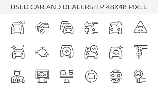 Used car and dealership vector  icon set, 48X48 pixel perfect and editable stroke.