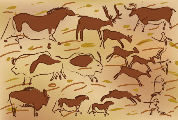 ilustrações de stock, clip art, desenhos animados e ícones de cave painting vector stone age rock color finger - prehistoric art