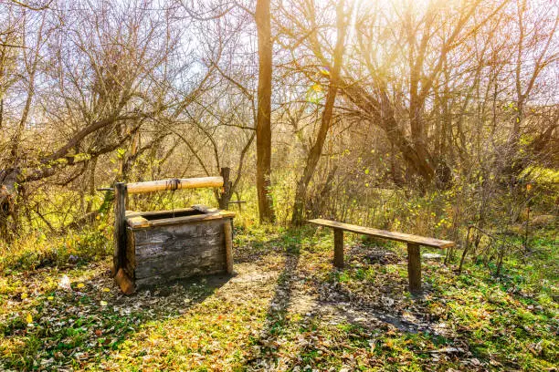Old wooden well-draw and bench in autumn forest