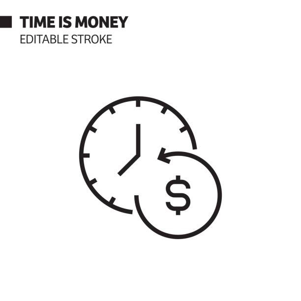 시간은 돈 선 아이콘, 윤곽선 벡터 기호 그림입니다. 픽셀 완벽, 편집 스트로크. - time is money illustrations stock illustrations
