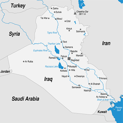 Political map of the Republic of Iraq with the most important cities marked in gray and blue tones. Vector image
