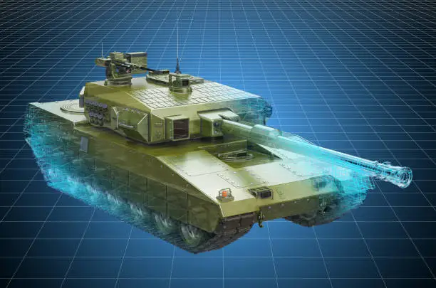 Visualization 3d cad model of battle tank, military engineering concept. 3D rendering