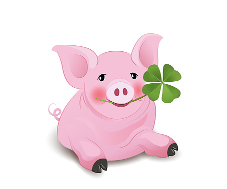 Pink piggy with shamrock,
New Years Eve and lucky charm card,
Vector illustration isolated on white background