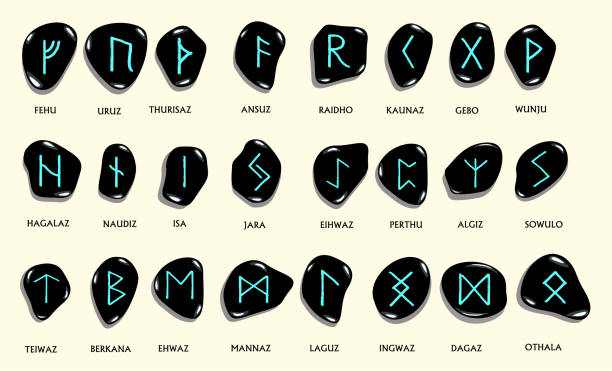 Set of Old Norse Scandinavian runes carved in stone. Runic alphabet ,futhark. Ancient occult symbols, germanic letters on white. Vector illustration Set of Old Norse Scandinavian runes carved in stone. Runic alphabet ,futhark. Ancient occult symbols, germanic letters on white. Vector illustration. rune stone stock illustrations