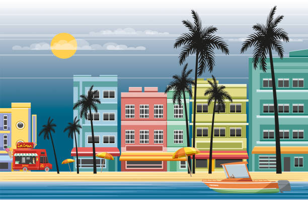 ilustrações, clipart, desenhos animados e ícones de cidade tropical - residential district backgrounds beauty blue