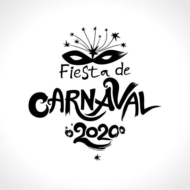 피에스타 드 카니발. 2020. 스페인어로 로고는 다음과 같이 번역됩니다 : 카니발 파티. 2019. 가면 마스크와 손으로 그린 벡터 템플릿. - samba dancing carnival dancing brazilian culture stock illustrations